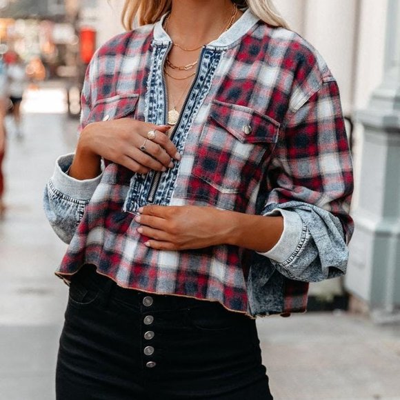Vici Tops - VICI Thea Half Zip Acid Wash Blue Denim & Red Plaid Top Shirt XS 0-2-4-6  NWT